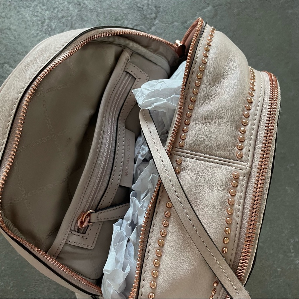 Michael Kors Beige Pink with Rose Gold Metal Rosette Studded Leather Backpack - Picture 11 of 15